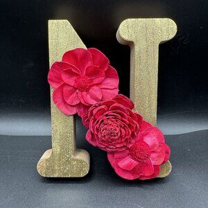 Wooden Initial Letter N Gold Red Sola Wood Flowers 6" Free Standing Monogram